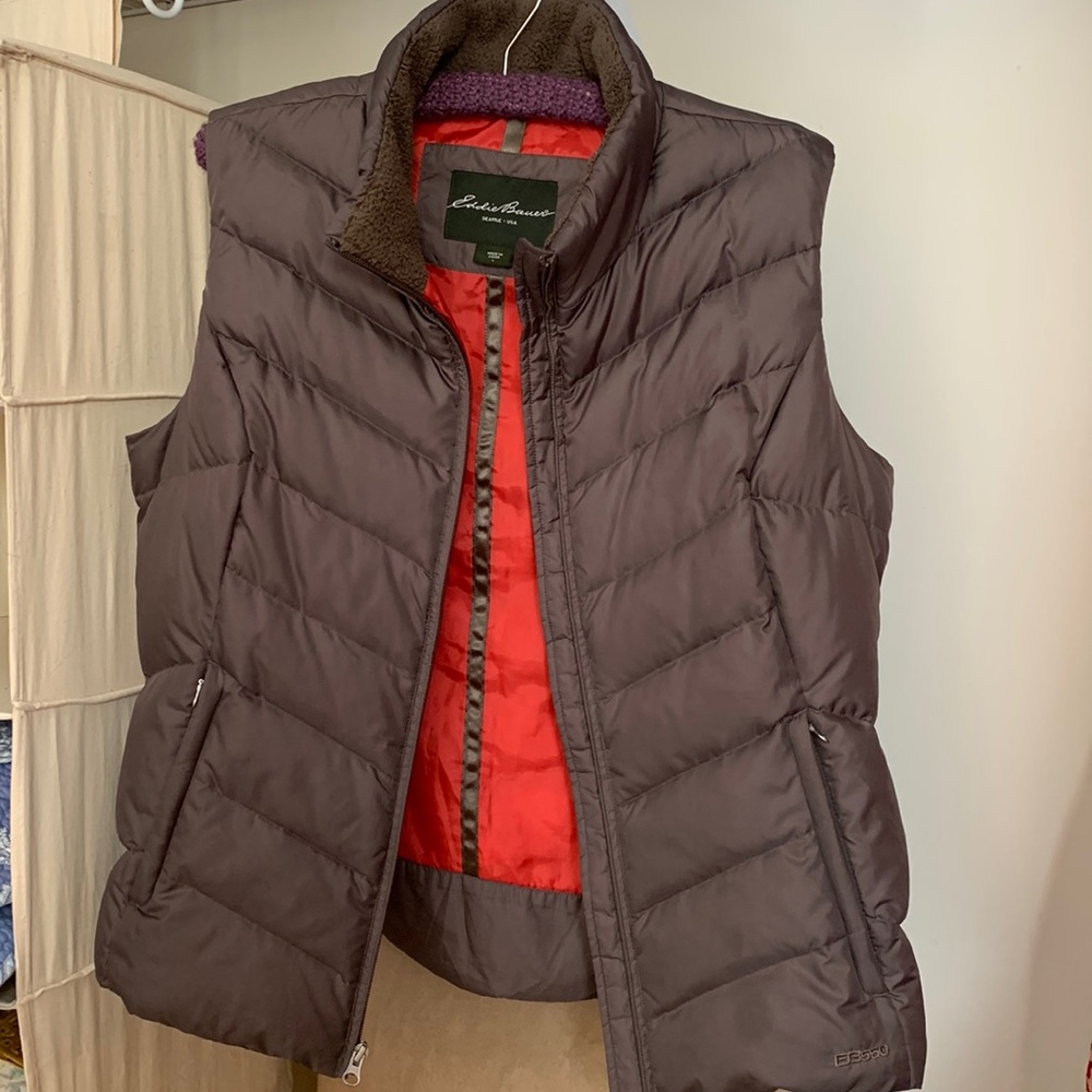 Eddie Bauer Taupe Vest with Orange lining. Goose Down. L
